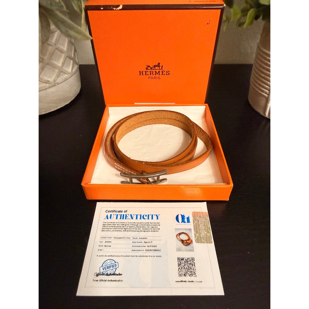 Hermes Unisex Leather Cognac Bracelet Silver H Buckle Square G w/ COA - Picture 2 of 9